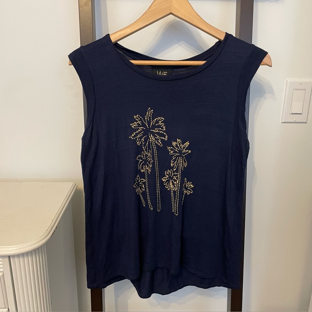 Anthropologie navy tank with gold threaded palm trees. Size S. W5 brand.